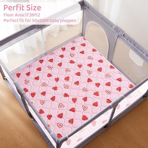 Viviland Baby Play Mats for Floor, Thicken Playmate for Baby and Toddlers, 50" x 50" Playpen Mat, Non-Slip & Machine Washable - Pink Strawberry