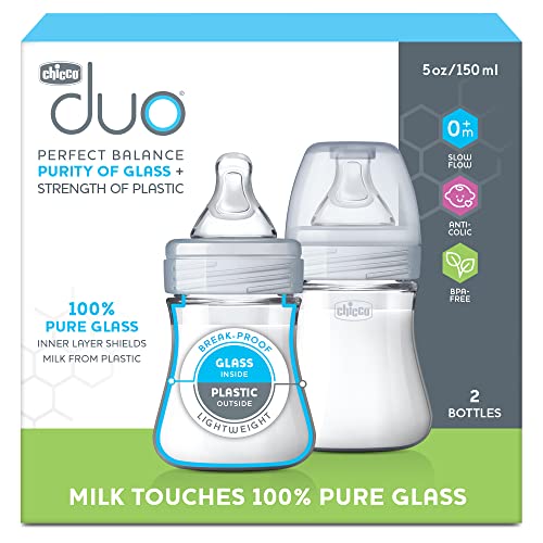 Chicco Duo Hybrid Baby Bottles, Glass Inside, Plastic Outside, 5oz, 2 Pack