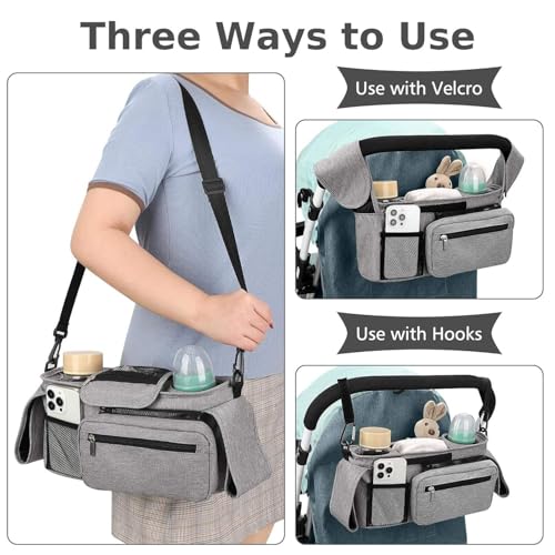HFLYJPYW Universal Stroller Organizer with Insulated Cup Holder Detachable Phone Bag and Carry Strap Fits Uppababy, Baby Jogger, Britax, BOB, Umbrella and Pet Stroller and more (Light gray)
