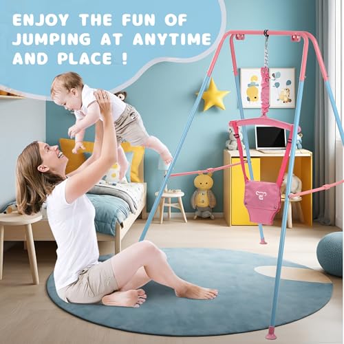 2 in 1 Toddler Swing ＆ Jumper, Swing Set for Indoor/Outdoor, Baby Jumpers and Bouncers, Easy to Assemble & Store, Suitable for Children 6 Months and Older (Pink)