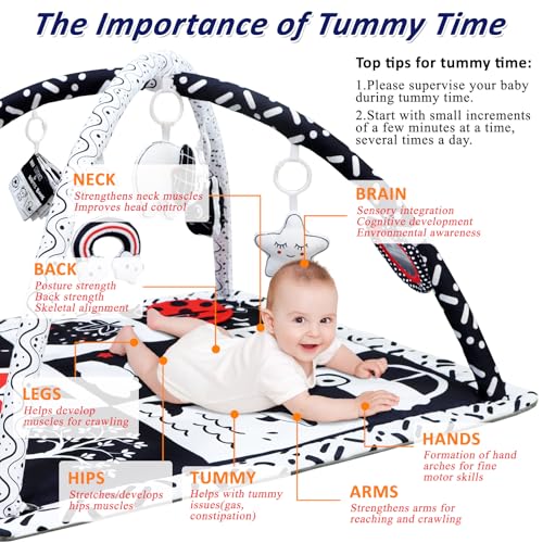 Poycuna Black and White Baby Gym Play Mat with 6 Toys Tummy Time Activity Mat for Babies 0-6 6-12 Months High Contrast Baby Gyms & Playmats Sensory Toys Newborn Brain Development Infant Play Mat