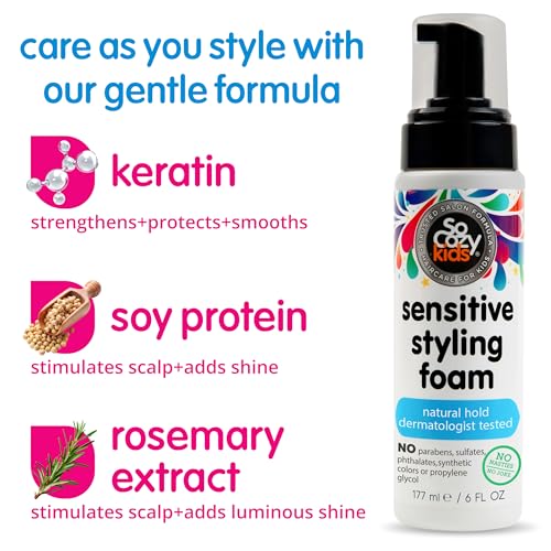 SoCozy Kids Sensitive Styling Foam - Sensitive Foam For Kids w/Straight or Curly Hair - Gentle Natural Hold Styler, Rosemary (6 fl oz)