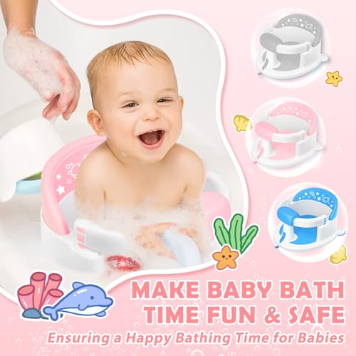 SMGZG Baby Bath Seat 6M+, Non-Slip Cushion, CPSC Certified, 5-Pc Set, Pink