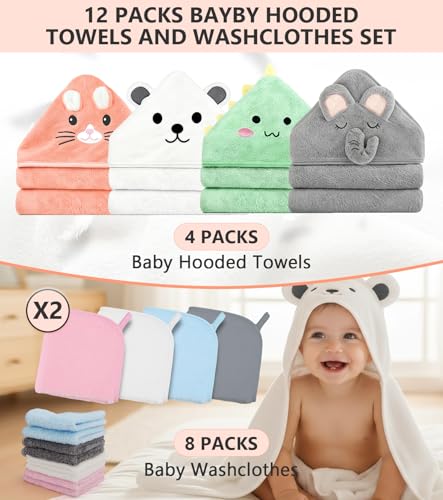 Spearlcable 12 PCS Baby Bath Towels for Infants Toddlers, 4 PCS Animal Hooded Baby Towels + 8 PCS Washcloths Set, Ultra Absorbent Cute Soft Baby Towels for Newborn Bath Essentials Gifts for Boys Girls