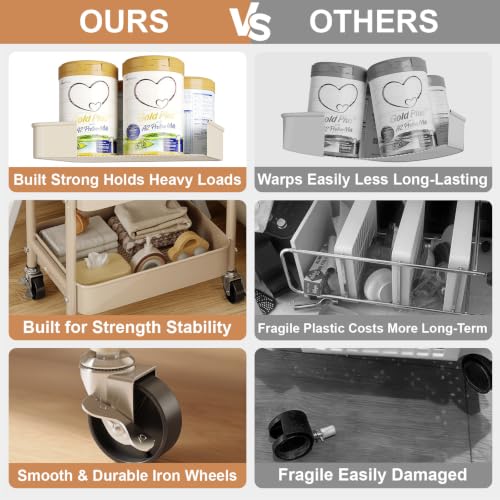 Baby Diaper Caddy Organizer Cart with Detachable Dividers, 3 Tier Metal Bedside Storage Rolling Cart with Wheels for Nursery, Postpartum Cart and Organizers for Newborn Essentials & Supplies (Oatmeal)
