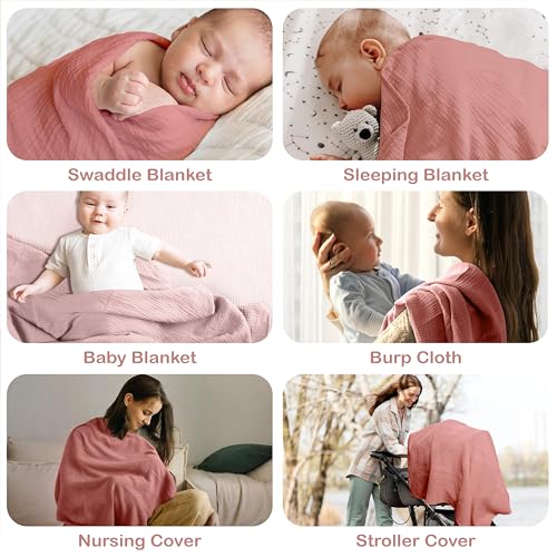 infancie Organic Muslin Baby Blanket 2-Pack Rose & Peach, 47x47 Inch 100% Organic Cotton Oeko-TEX Certified Hypoallergenic Swaddle Blanket for Newborn Girls, Elegant Baby Girl Shower Gift