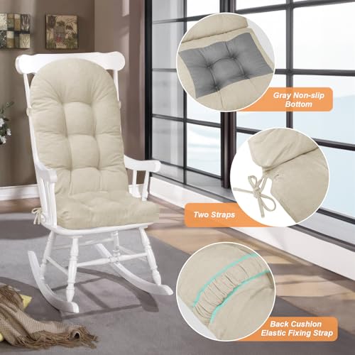 ROFIEJOX Rocking Chair Cushion - Soft Chenille Fabric Seat Pad with Tufted Design, Non-Slip Bottom and Secure Ties, for Nursery Glider, Adirondack and Indoor Rocker Chair, 44x19x4 Inch, Oyster White