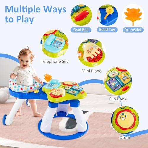 INFANS 3 in 1 Walk Around Baby Activity Center, Baby Walker with Play Table, Wheels, Detachable Seat Cushion, 3 Adjustable Heights, Learning Toys for Boys Girls Aged 6-36 Months (Blue)