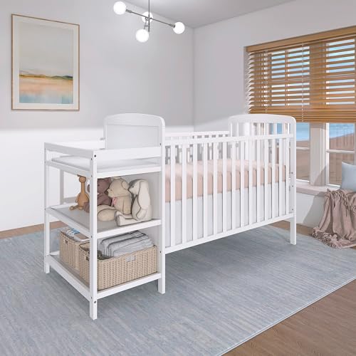Dream On Me Anna 3-in-1 Convertible Full-Size Baby Crib & Changer with Storage in White, GreenGuard Gold & BSA, Pinewood, Converts to Day & Toddler Bed, 3 Mattress Heights, 1″ Changing Pad