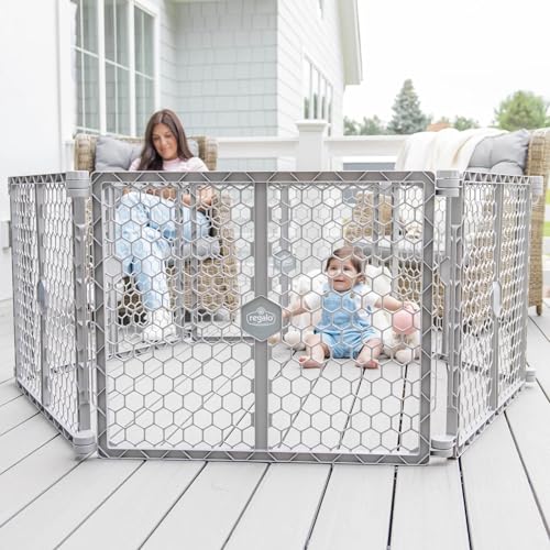 Regalo Safety 192" Super Wide Baby Gate & Play Yard, 2-in-1 Adjustable Playpen for Babies, Toddlers & Pets, Includes Wall Mount Kit, Plastic, Gray
