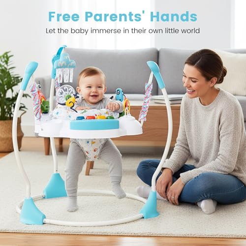 INFANS Baby Activity Center Jumper with Music, Light, Interactive Toys, 360°Rotating Seat, 3 Heights for 6+ Months (Blue)