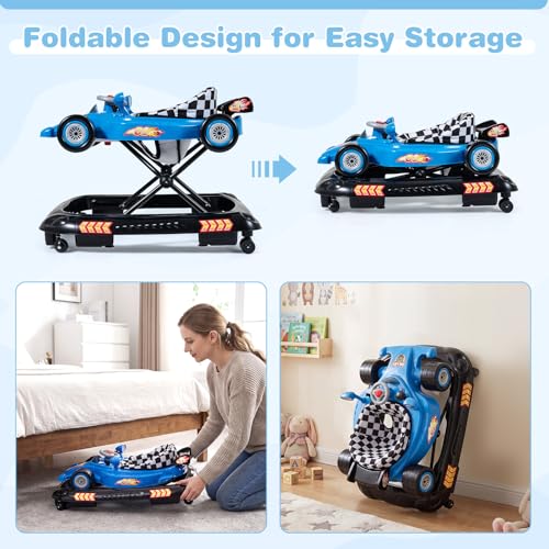 BABY JOY 4-in-1 Baby Walker, Foldable Activity Walker with Adjustable Height, Music & Lights, Anti-Rollover, Toddler Push Walker, Baby Walker with Wheels for Boys Girls 6-14 Months (Blue)