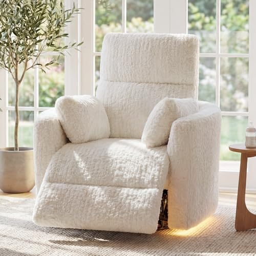 SENYUN Power Swivel Rocker Recliner for Adults, Large Glider Rocking Chair w/ 2 Pillows, USB and Type-C Ports, Night Light, Fluffy Plush Nursery Chair for Living Room, Bedroom,Nursery, Beige