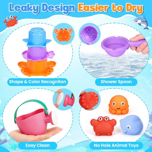9 PCS Baby Bath Toys for Kids Ages 1-3, Mold Free Toddler Bath Toys for 2-4 with 3 No Hole Squeezing Marine Animals Toys, Bathtub Beach Sand Water Table Toys for 1 2 3 Years Old Girls Boys Gifts