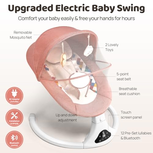 Baby Swings for Infants, Pink Infant Swing with 5 Speeds, 12 Melodies, Bluetooth & Remote Control, Portable Baby Swing for Indoor and Outdoor (Pink)