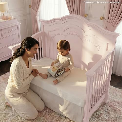 Evolur Aurora 5-in-1 Convertible Full-Size Baby Crib in Dusty Rose, 3 Mattress Heights, Ribbon Bow Scrollwork & Queen Anne Feet, Converts to Toddler, Day & Full-Size Bed
