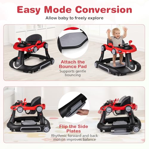 BABY JOY 7-in-1 Baby Walker, Foldable Baby Walker and Bouncer Combo with Handle, Adjustable Height & Speed, Music, Lights, Rocker/Push Mode, Baby Walker with Wheels for Boys Girls 7-18 Months (Red)