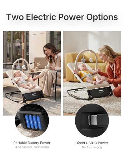 Electric Baby Bouncer Seat with Auto Rocking, 3-in-1 Infant Bouncer & Rocker Chair, Adjustable Height, Battery or Plug-in Powered, Music & Play Bar, Portable Baby Bouncer for Babies 0-12 Months