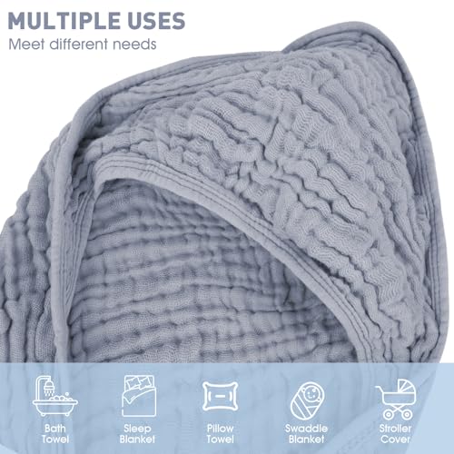 Synrroe Baby Hooded Bath Towel 2 Pack, 100% Muslin Cotton, 32x32 Inch - Matching Trim & Hood, Soft Absorbent Baby Toddler Towel for Newborns & Infants, Blue and Misty