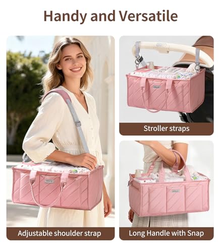 VKSAO Extra Large Diaper Caddy Organizer – Big Nursery Storage Basket with Zipper Pocket, Shoulder Strap & Stroller Hooks, Water-Resistant Travel Tote for Twins, Gift for Baby Shower, Blush Pink
