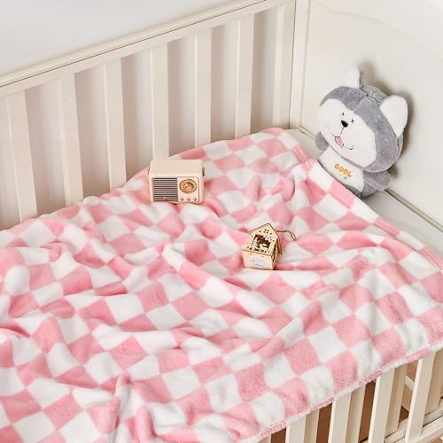 Yurhap Checkered Baby Blanket for Girls Pink Fleece Baby Blankets for Girls Boys, Warmer Comfort Lightweight Bed Blanket for Toddlers Infants or Newborn, 30''x40'', Pink