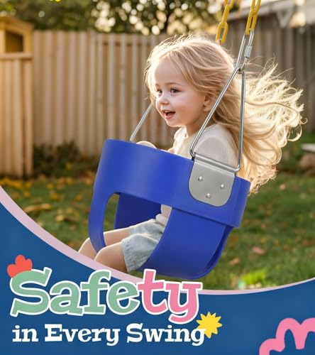 High Back Full Bucket, Toddler Swing with Coated Chains & Triangle Dip Pinch Protection for Safety, Baby Swing Outdoor with Locking Buckles, Toddler Bucket Swing for Backyard, Playground, Blue