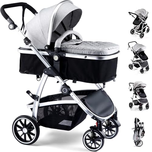 Hagaday Baby Stroller, 2-in-1 Reversible Toddler Seat with Basket Mode, Foldable Infant Stroller with Canopy, One Button Brake, Adjustable Handle, Newborn Pushchair (Gray)
