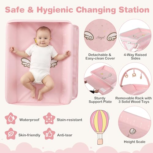 BABY JOY Portable Baby Changing Table, Foldable Diaper Changing Station with Wheels, Adjustable Height, Large Storage Rack, Removable Activity Arch, Mobile Nursery Organizer for Newborn Infant (Pink)