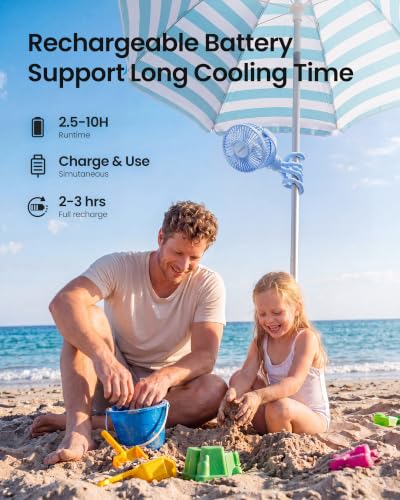 Gaiatop Mini Portable Stroller Fan, Battery Operated Small Clip on, Detachable 3 Speed Rechargeable, 360° Rotate Flexible Tripod Better Cooling for Car Seat Crib Treadmill Travel Blue