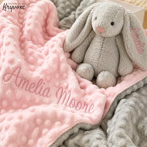 Personalized Baby Blanket and Plush Bunny Set, Custom Baby Blankets and Rabbit with Name, Personalized 2 in 1 Gift Set for Boy Girl Toddlers, Minky Dot Swaddle, Gift Set for Showering, Birthday