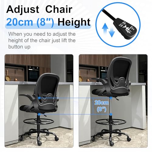 Primy Drafting Chair Tall Office Chair with Flip-up Armrests Executive Ergonomic Computer Standing Desk Chair with Lumbar Support and Adjustable Footrest Ring (Black)