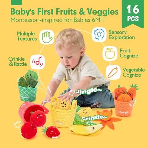 hahaland Baby Sensory Toys - 16 PCS My First Fruit Vegetable Color Sorting Play Food Crinkle, Rattle, Baby Toys 6-12 Months Montessori Toys for 1 Year Old Boy Girl Gifts 6 9 Month Old Toy One Year Old