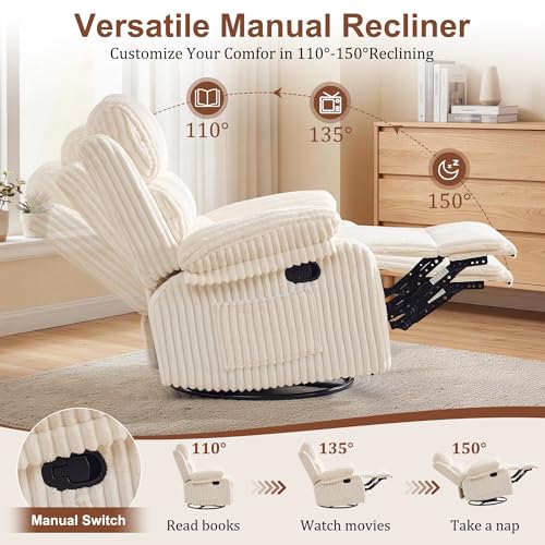 Korser Rocking Recliner Chair, Nursery Rocker Chair for Adults, Small Recliners for Small Spaces, Swivel Rocker Recliner with Cushion, Upholstered Rocking Chairs for Living Room, RV, Corduroy