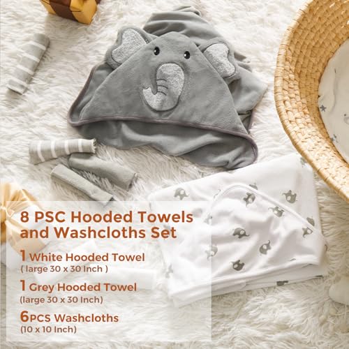 Momcozy Cute Elephant Hooded Baby Towel- 8 Piece Bath Essential, 2 x Towels and 6 x Wash Cloth Set- Perfect Shower Gift for Boys or Girls - Soft and Comfort for Newborn, Infant and Toddler