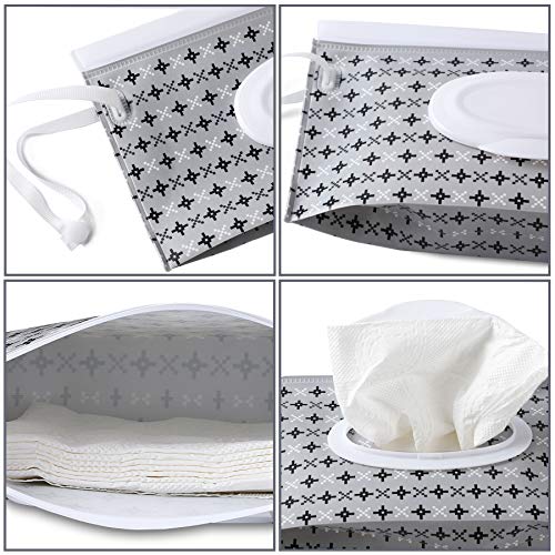FEBSNOW 4 Pack Baby Wipe Dispenser, Portable Refillable Wipe Holder, Baby Wipes Container, Wipe Dispenser, Reusable Travel Wet Wipe Pouch (Geometric)