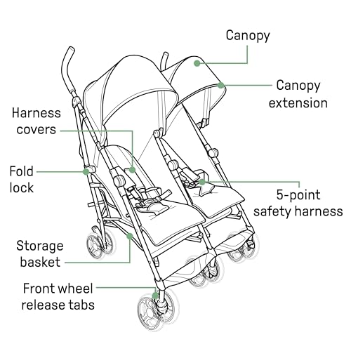 Summer Infant 3Dlite Folding Lightweight Side by Side Double Stroller with 5-Point Safety Harness for Infants and Toddlers, Black