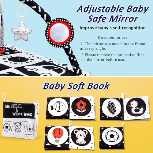 Poycuna Black and White Baby Gym Play Mat with 6 Toys Tummy Time Activity Mat for Babies 0-6 6-12 Months High Contrast Baby Gyms & Playmats Sensory Toys Newborn Brain Development Infant Play Mat