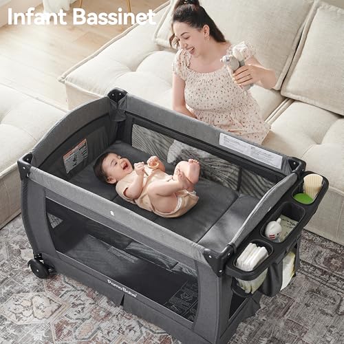 Pamo Babe Pack and Play with Bassinet Baby Playpen Foldable Playard with Changing Table Portable 4 in 1 Baby Playard