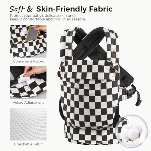 Baby Carrier Newborn to Toddler- 100% Pure Cotton Double-Side Skin-Friendly Baby Carrier,3 Carry Positions Newborn Carrier, Ergonomic,Cozy and Lightweight Infant Carrier for 7-40lbs,Checkerboard