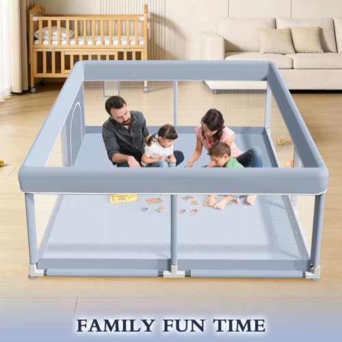 XVISHX 65 x 50 Inch Baby Playpen, Playpen for Babies and Toddlers, Baby Play Pen Playard for Indoor & Outdoor Active Center Game Fence, with Skin-Friendly Fabric and Soft Breathable Mesh, Grey
