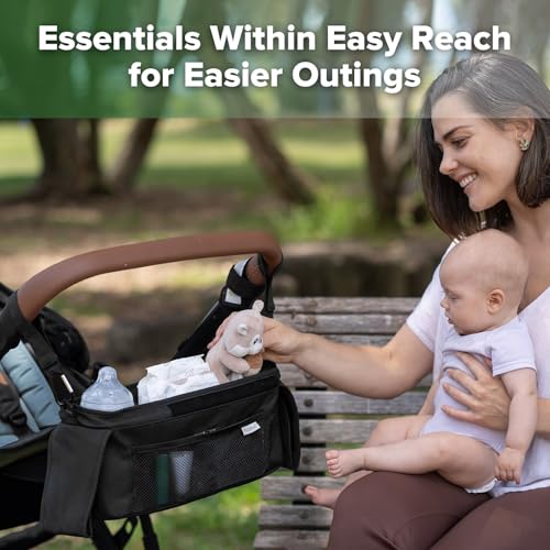 haakaa Universal Stroller Organizer with Insulated Cup Holder - Black, Single Cup Holder, Stroller Caddy with Shoulder Strap & Extra Non-Slip Stroller Hook, Fits Most Strollers