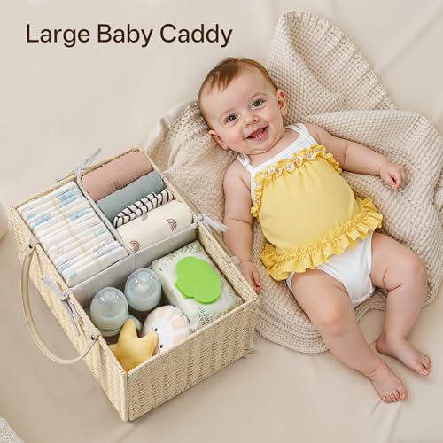 Angelhood Paper Rope Diaper Caddy, Baby Essentials Organizer, Portable Baby Shower Baskets Gift Bin, Car Storage Bag for Nursery