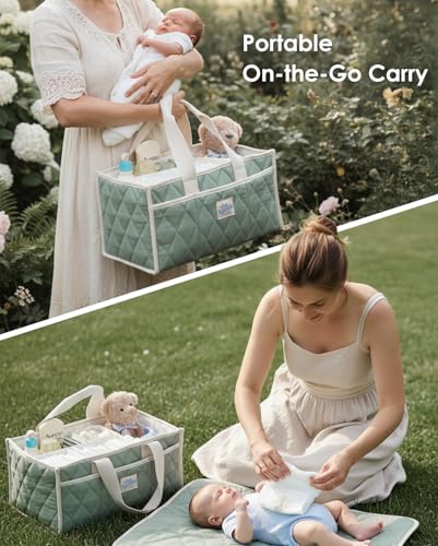 Baby Diaper Caddy Organizer – Nursery Storage Basket with Removable Divider, Stylish Diaper Caddy for Changing Table, Portable Car Caddy Organizer for Newborn Essentials, Large Capacity & Side Pockets