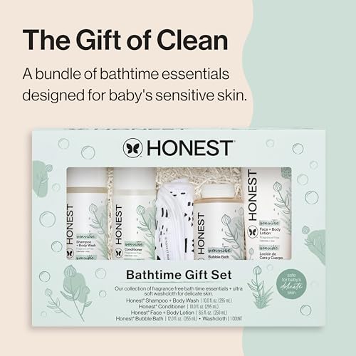 The Honest Company Fragrance-Free Bathtime Gift Set, Hypoallergenic, Bath Essentials for Sensitive Skin, Shampoo and Body Wash, Face Lotion, Bubble Bath, Conditioner, Wash Cloth