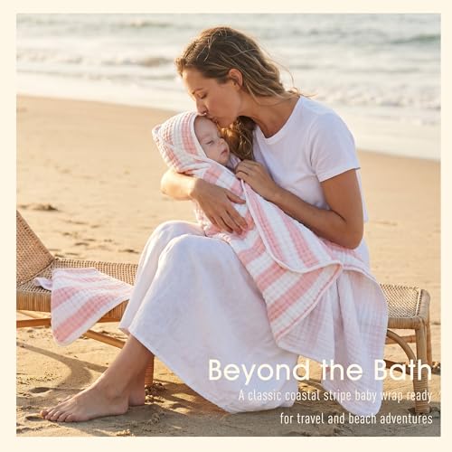 HardNok Muslin Hooded Baby Towel 4 Pack, 100% Organic Premium Cotton, (2) 6-Layer 32x32 Bath Towels & (2) Washcloths, Soft Newborn & Infant Gift Set (Pink Stripe & White)