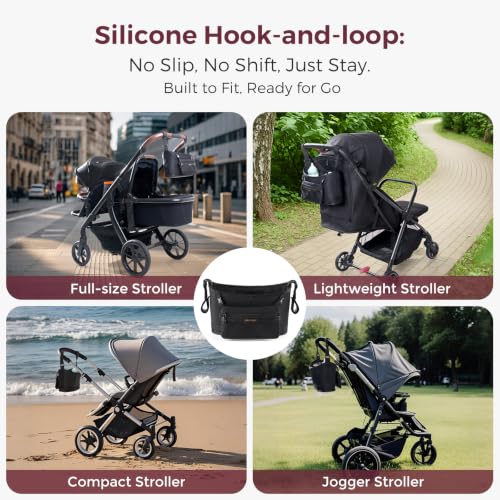 Momcozy Universal Stroller Organizer, Slim Stroller Caddy with 2 Insulated Cup Holders, Non-Slip Silicone Straps, Detachable Mini Pouch, Dense-Weave Parent Console for UPPAbaby, Doona, Graco & More