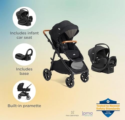 Joie Baby, Ginger and Rue Travel System – 4-in-1 Travel System with Lightweight Baby Car Seat and an Included Anti-Rebound Base for Easy Install and Height-Adjustable Stroller (Shale Dark)