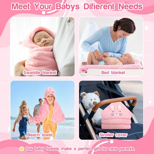 4 PCS Hooded Baby Towels Set, Absorbent Baby Bath Towel, Soft Baby Towels and 3 PCS Baby Washcloths for Newborns, Toddlers, and Kids, 32x32 in Baby Towel with Hood for Boy and Girl (Pink Kittens)