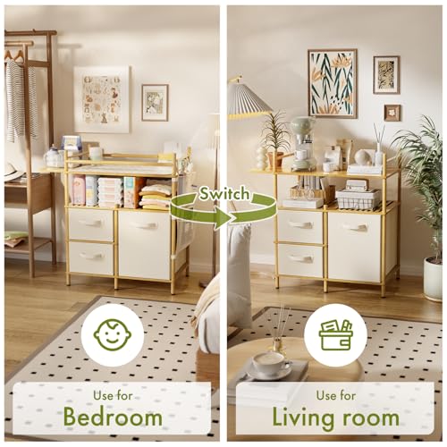 Amazer Baby Changing Table, Bamboo Baby Dresser Table with Flat Top, Diaper Changing Station with 3 Removable Storage Drawers, Large Storage Nursery Organizer Shelves with Pad, Mesh Pocket