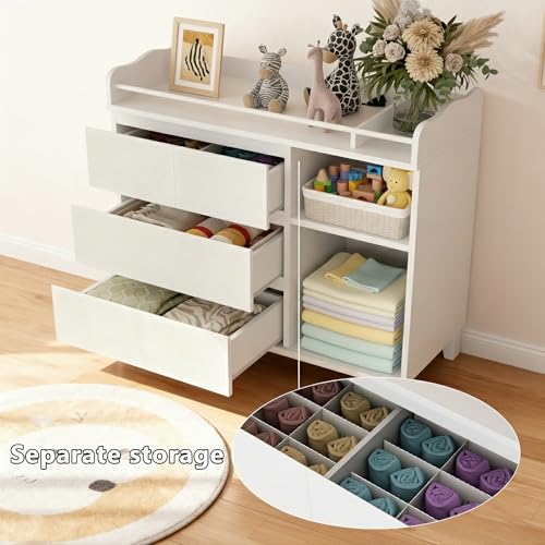Einhomn Baby Changing Table Top, Multi-Functional Nursery Changing Table, 4 Drawers with 2 Open Shelves, Bedroom, White